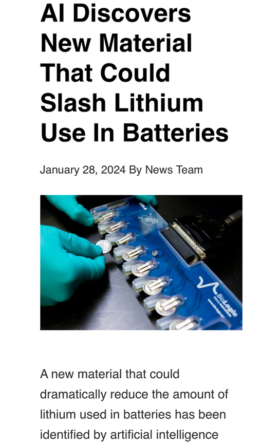 人工智能協助發現新材料，有望大幅減少電池中鋰的使用
