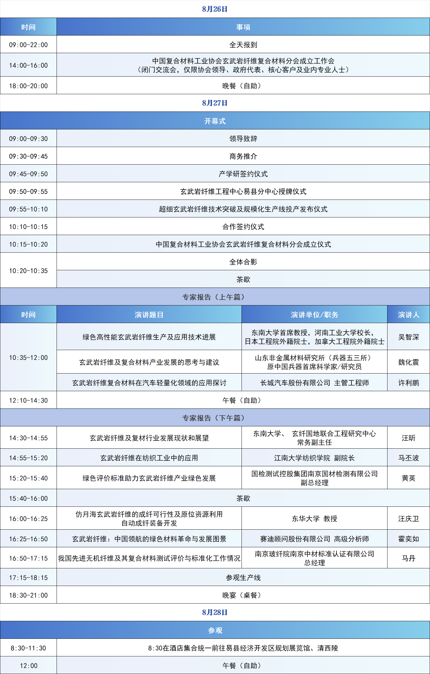 【會議日程】超細玄纖·擎動環宇—超細玄武巖纖維規模化生產與高端應用大會 【會議日程】超細玄纖·擎動環宇—超細玄武巖纖維規模化生產與高端應用大會